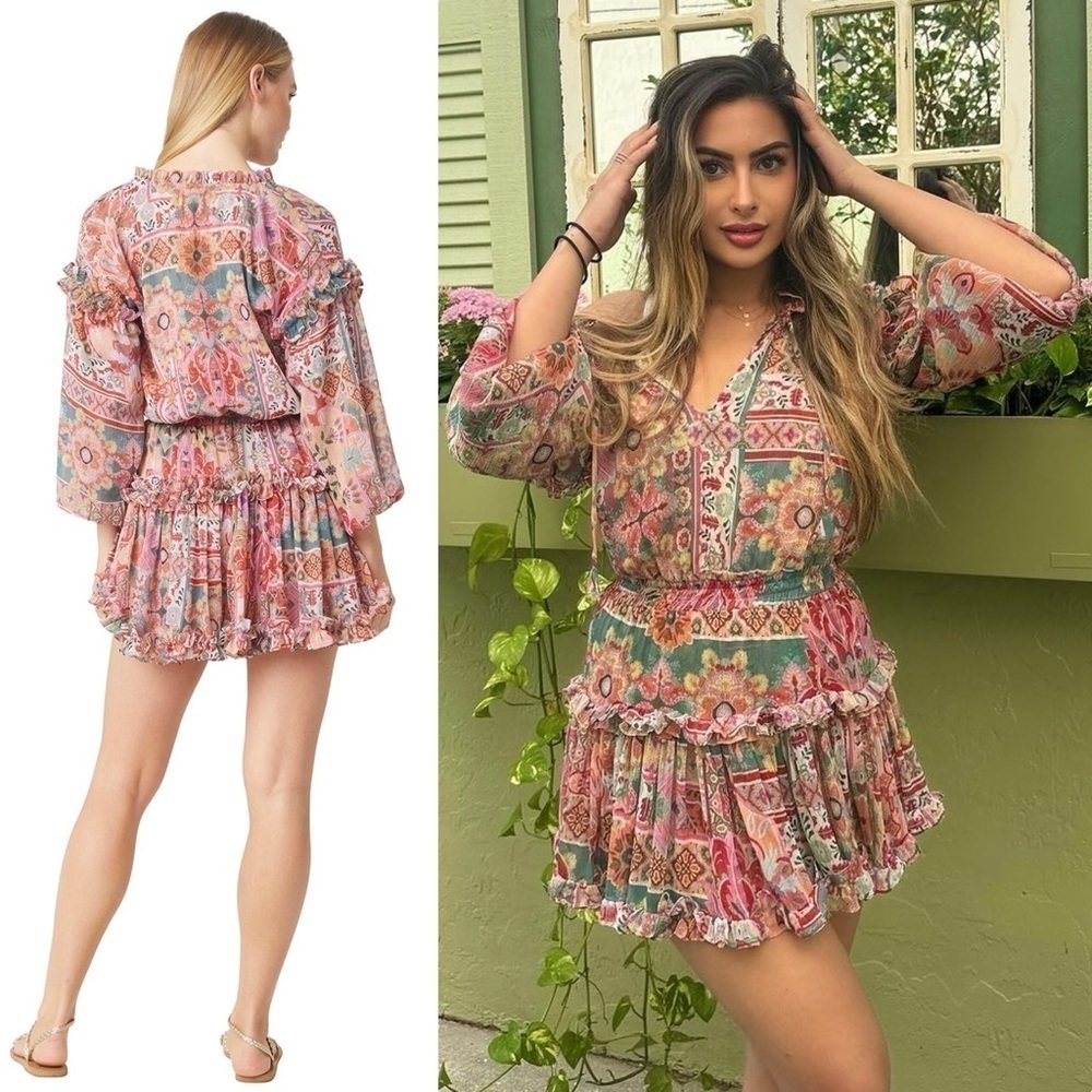 MISA Chiffon Puff Long Sleeve Tassel Tie Neck Smocked Waist Tier Ruffle Dress XS - Picture 8 of 16